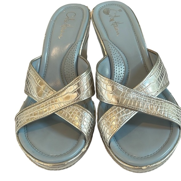 Cole Haan Nike Air size 10 silver metallic patent leather wrapped heel wedge - Picture 1 of 12